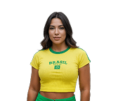 Camiseta Baby Look Brasil Bordada Copa Canelada Cropped