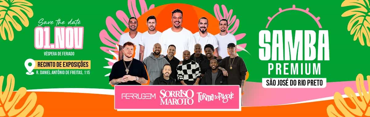Sorriso Maroto se apresenta no Recinto de Exposições "Alberto Bertelli Lucatto", em São José do Rio Preto, no bairro Distrito Industrial, dia 1 de novembro de 2026, domingo às 15:00.
Samba Premium — Turma Do Pagode + Ferrugem.
Roda de pagode com Sorriso Maroto em São José do Ri...