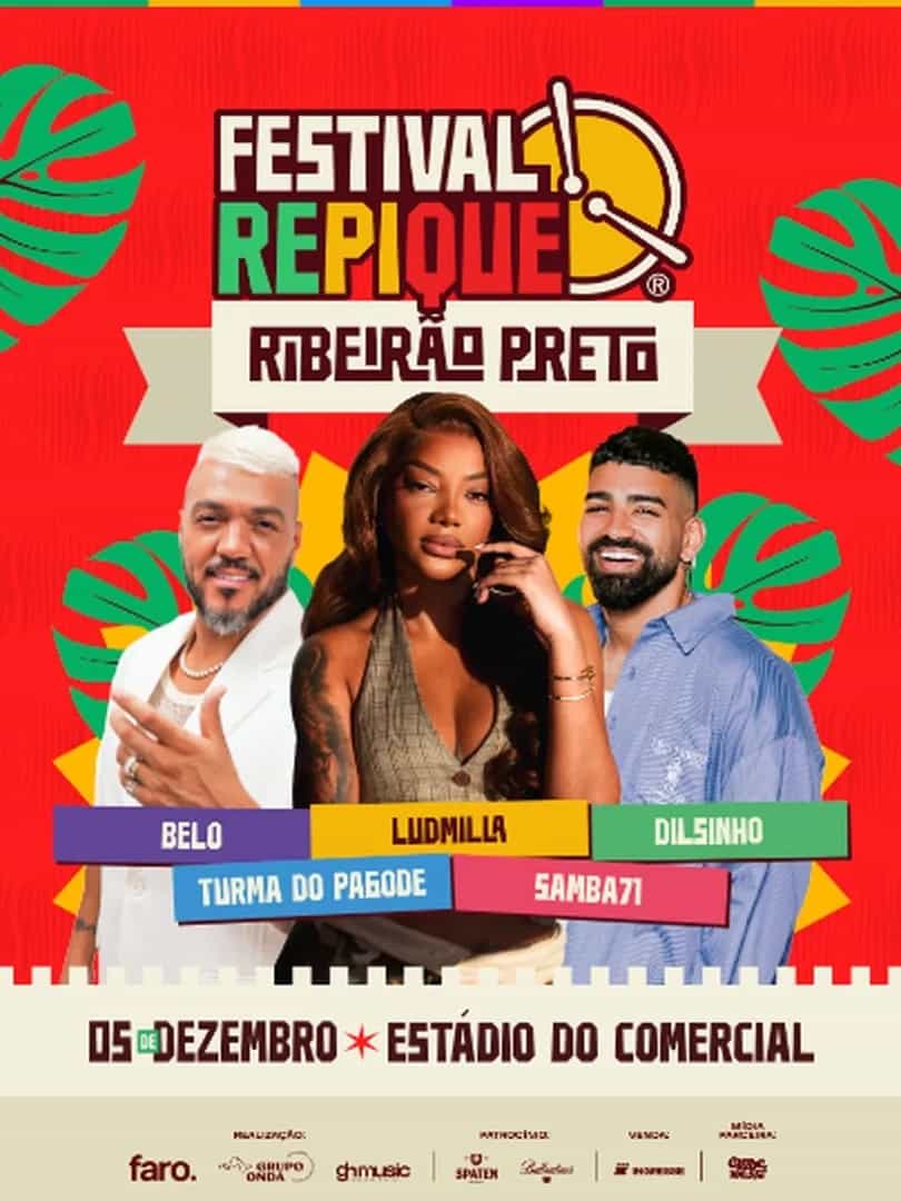 Ludmilla se apresenta no Estádio Doutor Francisco de Palma Travassos-Comercial F.C, em Ribeirão Preto, no bairro Jardim Paulista, dia 5 de dezembro de 2026, sábado às 14:00.
Festival Repique — 2026.
Baile funk com Ludmilla em Ribeirão Preto.
Endereço: Avenida Doutor Plinio de ...