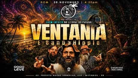 Ventania se apresenta no Deck house Beach, bar, conveniência, Balada, Matinhos PR, em Matinhos, no bairro Bom Retiro, dia 8 de novembro de 2026, domingo às 16:20.
Nacional.
Show de rock com Ventania em Matinhos.
Endereço: Av. Pref. Dr. Roque Vernalha, 639 - Bom Retiro, Matinho...