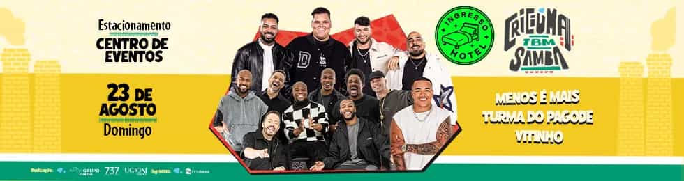 Criciúma TBM Samba
Prepare-se para um domingo inesquecível! No dia 23 de agosto, o Estacionamento do Centro de Eventos vai se transformar no palco do maior festival de samba e pagode da região: o Criciúma TBM Samba.
Venha curtir uma energia contagiante, cantar os maiores sucessos...