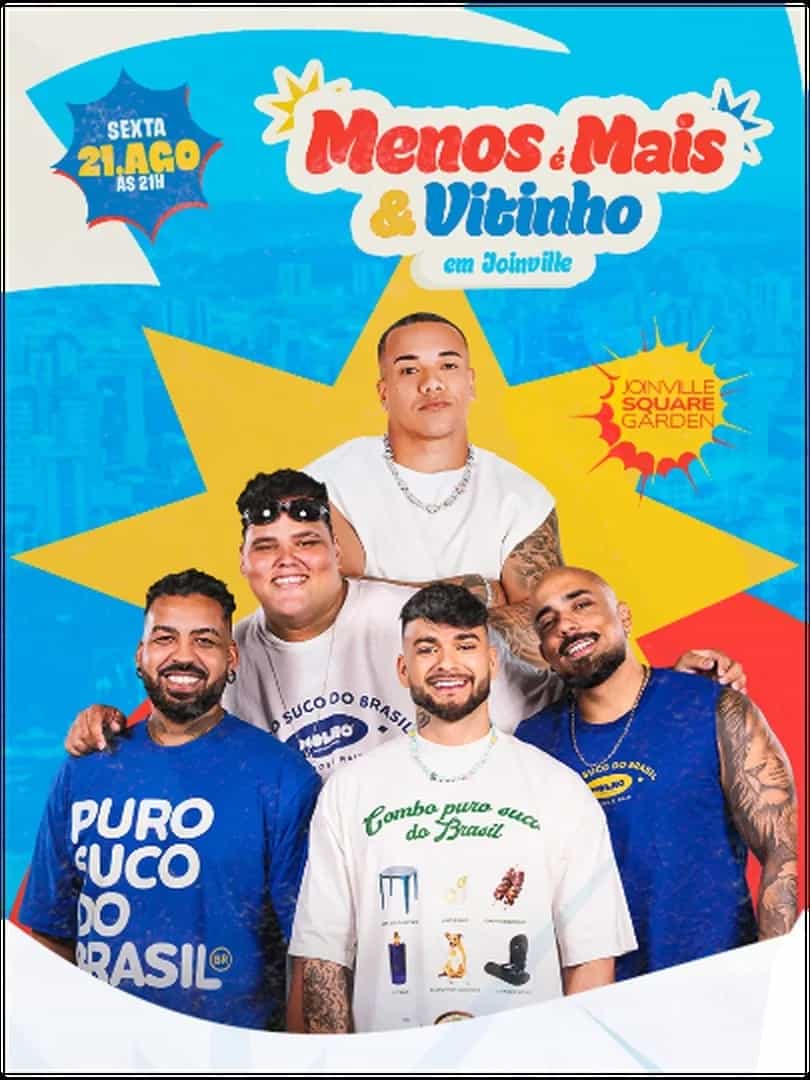 Menos é Mais se apresenta em Joinville, no bairro Distrito Industrial, dia 22 de agosto de 2026, sábado às 21:00.
Roda de pagode com Menos é Mais em Joinville.
Endereço: Av. Santos Dumont - Distrito Industrial, Joinville - SC, 89223-001, Brasil.
Ingressos disponíveis pelo ingr...